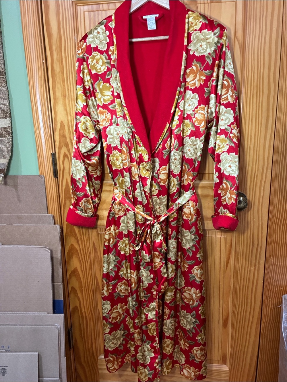 Satin Floral Tie-Waist Robe in Red with Gold and Cream Blooms
